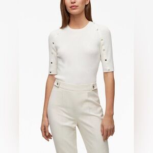Boss Elegant Cream  Button-Detail Ribbed Knit Top size Small